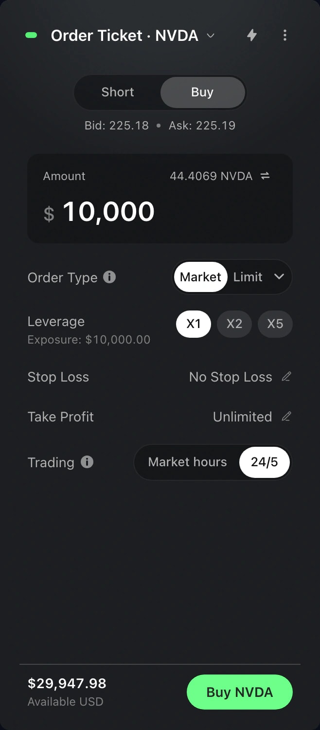 Widget Pokyn v Edge pro NVIDIA: typ pokynu, páka, Stop Loss, Take Profit a odhadované náklady